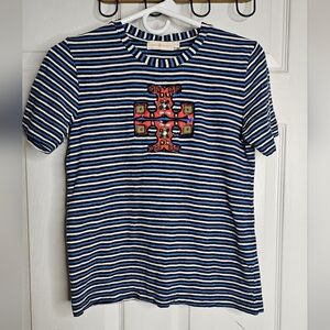 Tory Burch Blue and White Striped Top with Red Embellishments With beads XS